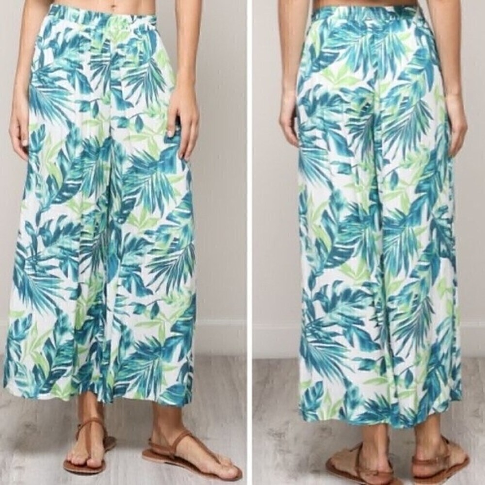 Mustard Seed Tropical Foliage High Waist Straight Leg Pull On Summer Beach Pants